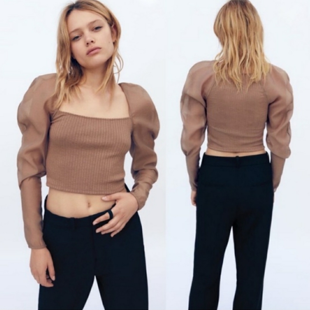 ZARA- Ribbed Crop - Organza Puff Sleeve Top